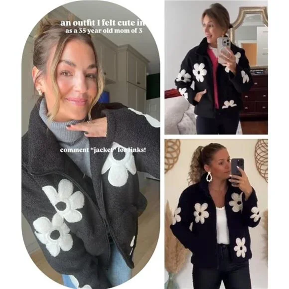 Maixang Womens Floral Print Sherpa Fleece Jackets Winter Zipper Cropped Coat - Picture 5 of 7